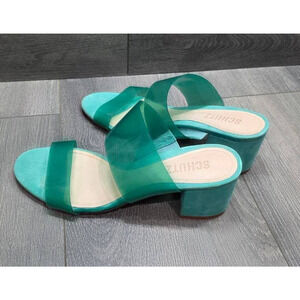 SCHUTZ Women's Victorie block heels Slides turquoise green Sz 7.5 B S000110